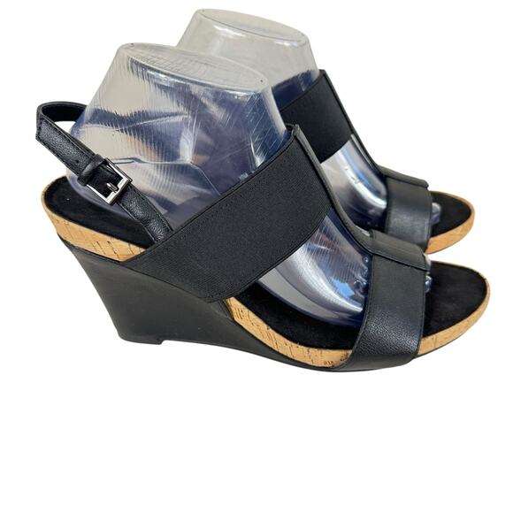 Aerosoles Black Plush Behind Open Toe Cork Wedge High Heels Strappy Size 10 - Picture 2 of 7